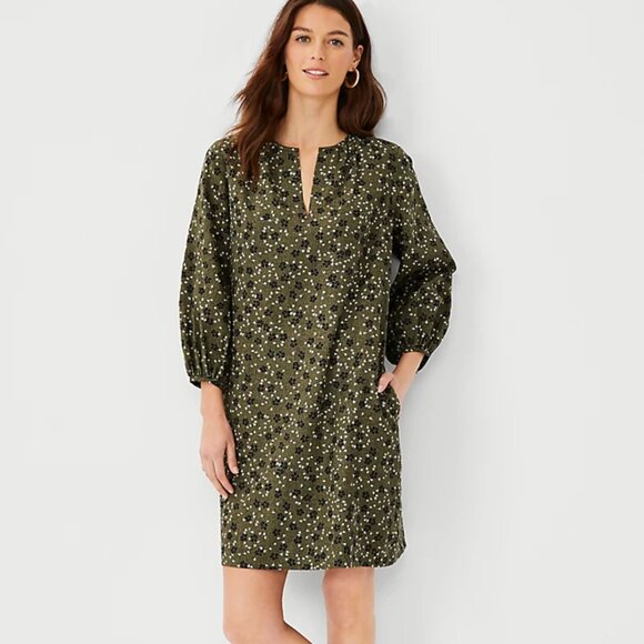 NWT ANN TAYLOR | Linen Blend Green Floral Pocket Shift Dress Petite - Picture 1 of 8